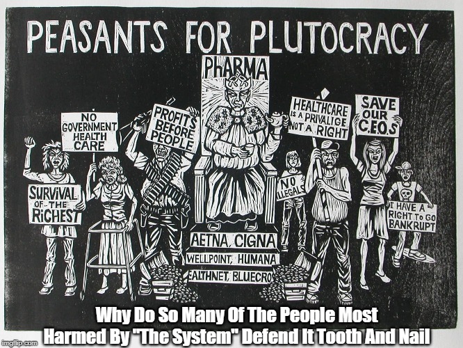 "Why Do So Many Of The People Most Harmed By 'The System' Defend It Tooth And Nail?" | Why Do So Many Of The People Most Harmed By "The System" Defend It Tooth And Nail | image tagged in peasants for plutocracy,some people just itch to be masochists for sadists,trump was right the system is rigged | made w/ Imgflip meme maker