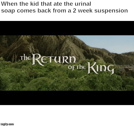 Return Of The King | When the kid that ate the urinal soap comes back from a 2 week suspension | image tagged in return of the king | made w/ Imgflip meme maker