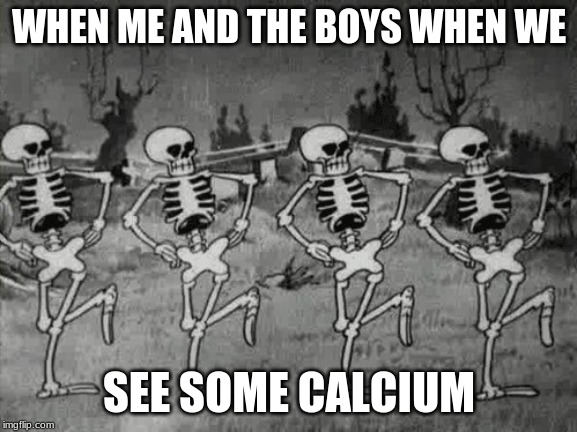 Spooky Scary Skeletons | WHEN ME AND THE BOYS WHEN WE; SEE SOME CALCIUM | image tagged in spooky scary skeletons | made w/ Imgflip meme maker