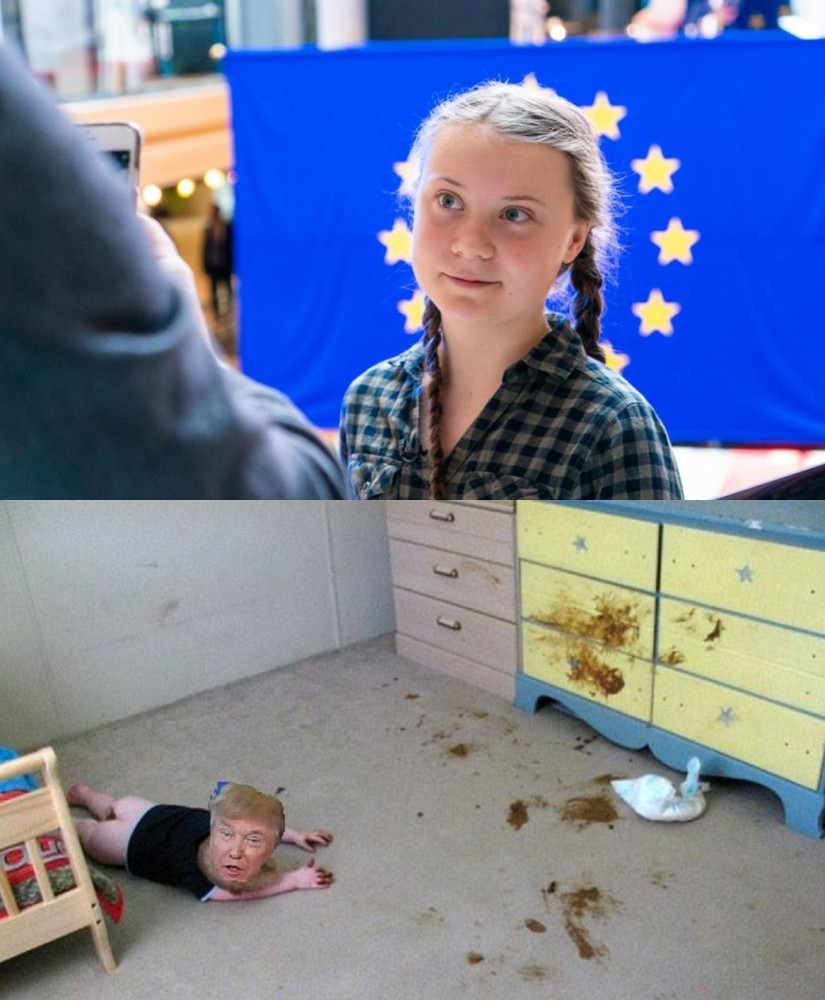 15 year old Greta Thunberg and infantile Trump Blank Meme Template