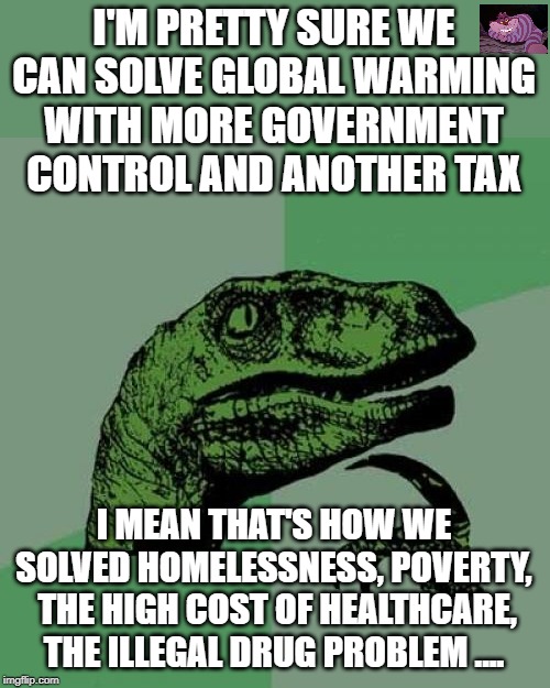 Has government EVER solved a problem? | I'M PRETTY SURE WE CAN SOLVE GLOBAL WARMING WITH MORE GOVERNMENT CONTROL AND ANOTHER TAX; I MEAN THAT'S HOW WE SOLVED HOMELESSNESS, POVERTY,  THE HIGH COST OF HEALTHCARE, THE ILLEGAL DRUG PROBLEM .... | image tagged in memes,philosoraptor | made w/ Imgflip meme maker