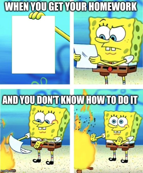 Spongebob Burning Paper | WHEN YOU GET YOUR HOMEWORK; AND YOU DON'T KNOW HOW TO DO IT | image tagged in spongebob burning paper | made w/ Imgflip meme maker