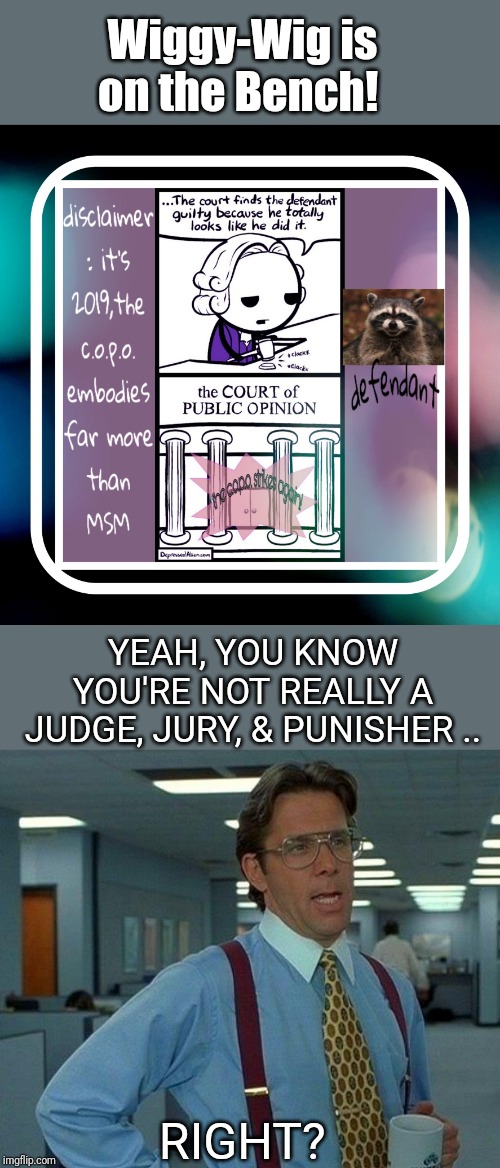 Meanwhile, in Court Room 8B | Wiggy-Wig is on the Bench! YEAH, YOU KNOW YOU'RE NOT REALLY A JUDGE, JURY, & PUNISHER .. RIGHT? | image tagged in memes,that would be great,court of public opinion | made w/ Imgflip meme maker