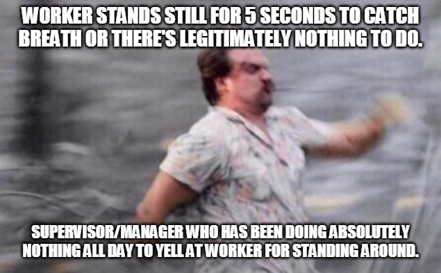 Anyone who has worked in a factory or warehouse type place; you know this all to well. | WORKER STANDS STILL FOR 5 SECONDS TO CATCH BREATH OR THERE'S LEGITIMATELY NOTHING TO DO. SUPERVISOR/MANAGER WHO HAS BEEN DOING ABSOLUTELY NOTHING ALL DAY TO YELL AT WORKER FOR STANDING AROUND. | image tagged in hopper run | made w/ Imgflip meme maker