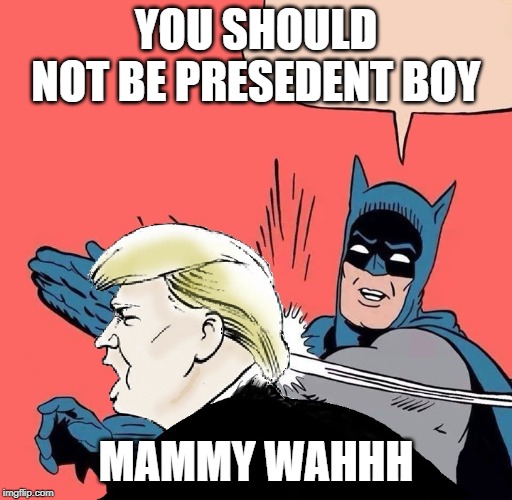 Batman slaps Trump | YOU SHOULD NOT BE PRESEDENT BOY; MAMMY WAHHH | image tagged in batman slaps trump | made w/ Imgflip meme maker