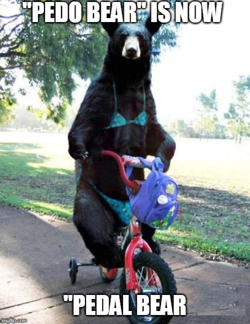 STILL PEDO BEAR JUST HAS A BIKE NOW | "PEDO BEAR" IS NOW; "PEDAL BEAR | image tagged in pedobear | made w/ Imgflip meme maker