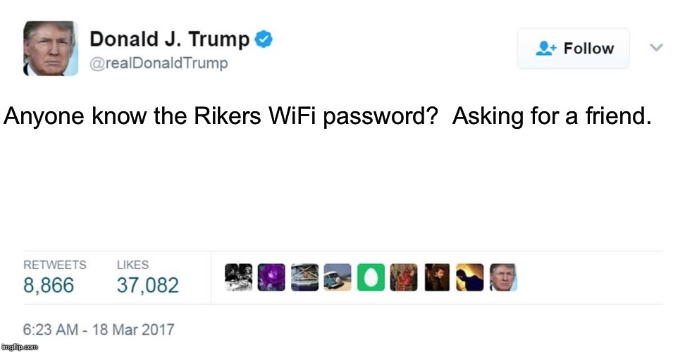 TRUMP TWEET BLANK | Anyone know the Rikers WiFi password?  Asking for a friend. | image tagged in trump tweet blank | made w/ Imgflip meme maker