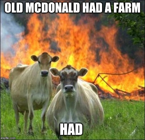 Evil Cows Meme | OLD MCDONALD HAD A FARM; HAD | image tagged in memes,evil cows | made w/ Imgflip meme maker