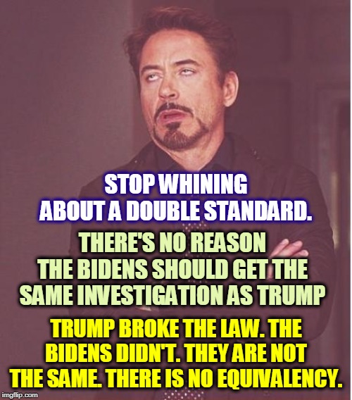 Attention: conservative tears incoming from the right. | STOP WHINING ABOUT A DOUBLE STANDARD. THERE'S NO REASON THE BIDENS SHOULD GET THE SAME INVESTIGATION AS TRUMP; TRUMP BROKE THE LAW. THE BIDENS DIDN'T. THEY ARE NOT THE SAME. THERE IS NO EQUIVALENCY. | image tagged in memes,face you make robert downey jr,trump,biden,investigation,double standards | made w/ Imgflip meme maker