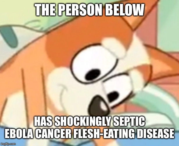 The person below... | THE PERSON BELOW; HAS SHOCKINGLY SEPTIC EBOLA CANCER FLESH-EATING DISEASE | image tagged in the person below,bluey,bingo,discord | made w/ Imgflip meme maker