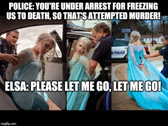 frozen elsa arrested | POLICE: YOU'RE UNDER ARREST FOR FREEZING US TO DEATH, SO THAT'S ATTEMPTED MURDER! ELSA: PLEASE LET ME GO, LET ME GO! | image tagged in frozen elsa arrested | made w/ Imgflip meme maker