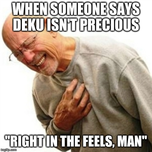 Right In The Childhood | WHEN SOMEONE SAYS DEKU ISN'T PRECIOUS; "RIGHT IN THE FEELS, MAN" | image tagged in memes,right in the childhood | made w/ Imgflip meme maker