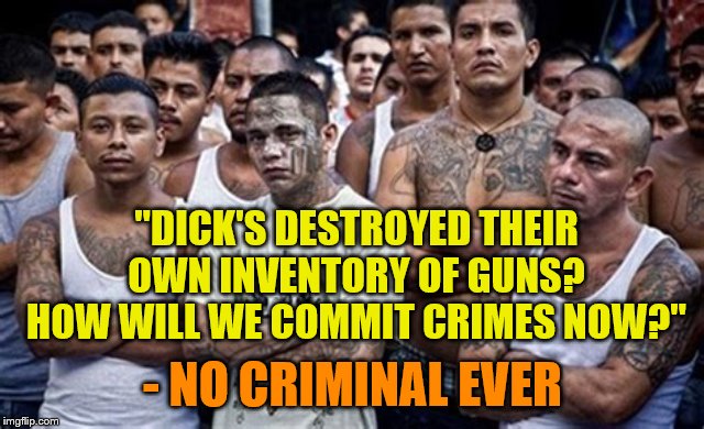 Dick's Sporting Goods continues to fail in the most epic ways. | "DICK'S DESTROYED THEIR OWN INVENTORY OF GUNS? HOW WILL WE COMMIT CRIMES NOW?"; - NO CRIMINAL EVER | image tagged in criminals,ms13,thugs,dick's,destroying own inventory | made w/ Imgflip meme maker