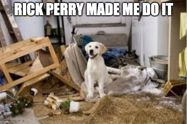 He made me! | RICK PERRY MADE ME DO IT | image tagged in messy dog,rick perry,donald trump,ukraine | made w/ Imgflip meme maker