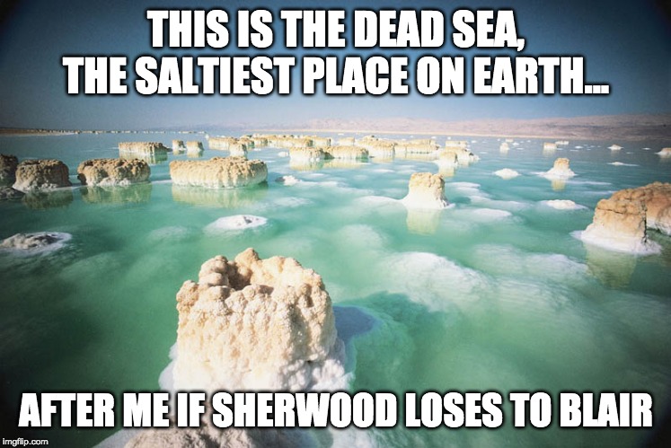 Dead Sea | THIS IS THE DEAD SEA, THE SALTIEST PLACE ON EARTH... AFTER ME IF SHERWOOD LOSES TO BLAIR | image tagged in dead sea | made w/ Imgflip meme maker