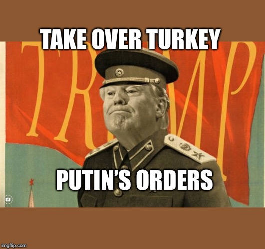 Putin’s Pet | TAKE OVER TURKEY; PUTIN’S ORDERS | image tagged in vladimir putin,turkey,donald trump,traitor,impeach trump,impeachment | made w/ Imgflip meme maker