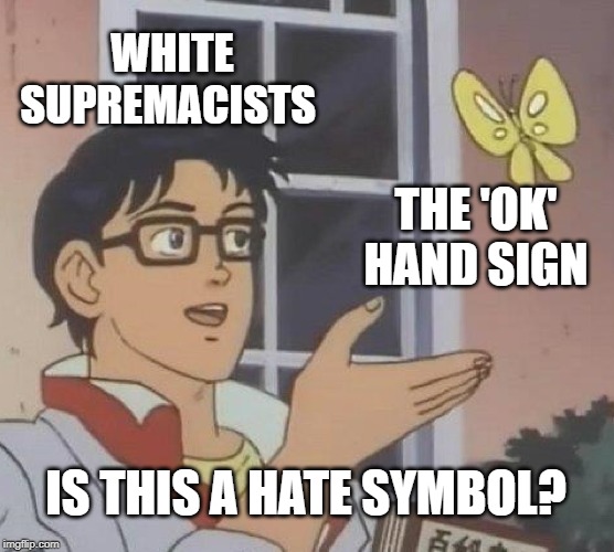 Is This A Pigeon | WHITE SUPREMACISTS; THE 'OK' HAND SIGN; IS THIS A HATE SYMBOL? | image tagged in memes,is this a pigeon | made w/ Imgflip meme maker