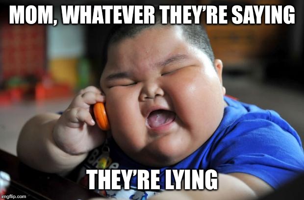 Fat Asian Kid | MOM, WHATEVER THEY’RE SAYING THEY’RE LYING | image tagged in fat asian kid | made w/ Imgflip meme maker