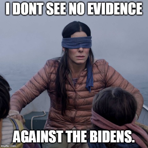 Bird Box Meme | I DONT SEE NO EVIDENCE AGAINST THE BIDENS. | image tagged in memes,bird box | made w/ Imgflip meme maker