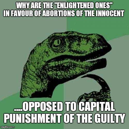 Philosoraptor | WHY ARE THE "ENLIGHTENED ONES" IN FAVOUR OF ABORTIONS OF THE INNOCENT; ....OPPOSED TO CAPITAL PUNISHMENT OF THE GUILTY | image tagged in memes,philosoraptor | made w/ Imgflip meme maker