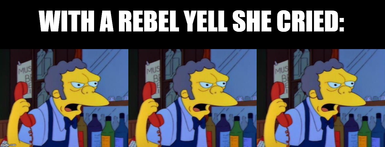 Billy Idol | WITH A REBEL YELL SHE CRIED: | image tagged in moe | made w/ Imgflip meme maker