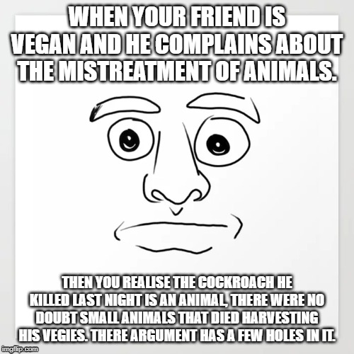 WHEN YOUR FRIEND IS VEGAN AND HE COMPLAINS ABOUT THE MISTREATMENT OF ANIMALS. THEN YOU REALISE THE COCKROACH HE KILLED LAST NIGHT IS AN ANIMAL, THERE WERE NO DOUBT SMALL ANIMALS THAT DIED HARVESTING HIS VEGIES. THERE ARGUMENT HAS A FEW HOLES IN IT. | image tagged in veganism,vegan,logic,argument | made w/ Imgflip meme maker