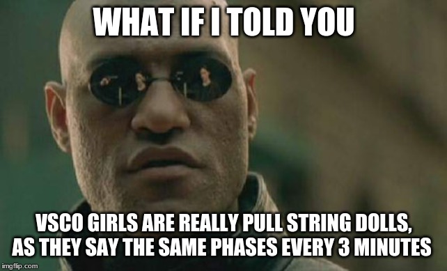 Matrix Morpheus Meme | WHAT IF I TOLD YOU; VSCO GIRLS ARE REALLY PULL STRING DOLLS, AS THEY SAY THE SAME PHASES EVERY 3 MINUTES | image tagged in memes,matrix morpheus | made w/ Imgflip meme maker