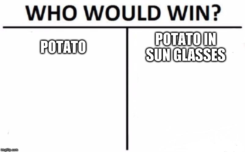 Who Would Win? Meme | POTATO; POTATO IN SUN GLASSES | image tagged in memes,who would win | made w/ Imgflip meme maker