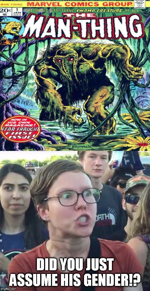 man thing's gender | DID YOU JUST ASSUME HIS GENDER!? | image tagged in memes,man thing,triggered liberal,triggered feminist,liberal hypocrisy | made w/ Imgflip meme maker