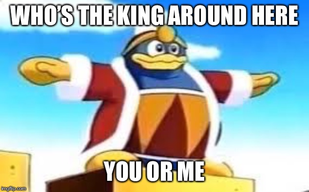 King Dedede Tpose | WHO’S THE KING AROUND HERE YOU OR ME | image tagged in king dedede tpose | made w/ Imgflip meme maker