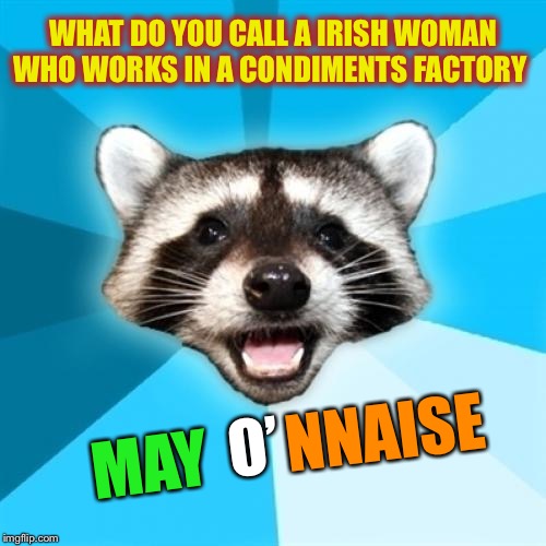 What county is it that you are from Timiddeer ?? ( ͡❛ ͜ʖ ͡❛)✌ |  WHAT DO YOU CALL A IRISH WOMAN WHO WORKS IN A CONDIMENTS FACTORY; MAY; NNAISE; O’ | image tagged in memes,o puns,irish,timiddeer,just kidding | made w/ Imgflip meme maker
