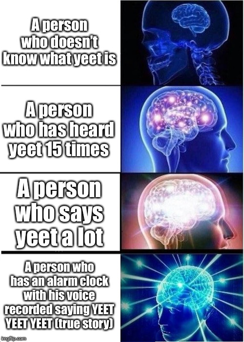 Expanding Brain Meme | A person who doesn’t know what yeet is; A person who has heard yeet 15 times; A person who says yeet a lot; A person who has an alarm clock with his voice recorded saying YEET YEET YEET (true story) | image tagged in memes,expanding brain | made w/ Imgflip meme maker