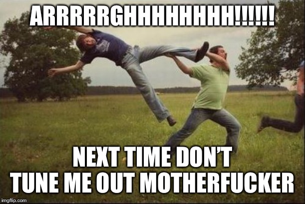Hitting A Motherfucker With Another Motherfucker | ARRRRRGHHHHHHHH!!!!!! NEXT TIME DON’T TUNE ME OUT MOTHERFUCKER | image tagged in hitting a motherfucker with another motherfucker | made w/ Imgflip meme maker