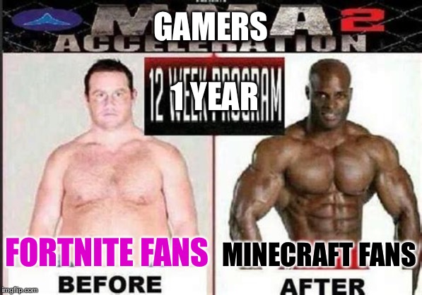 MMA2 Acceleration 12-Week Program before & after seems legit | GAMERS; 1 YEAR; FORTNITE FANS; MINECRAFT FANS | image tagged in mma2 acceleration 12-week program before  after seems legit | made w/ Imgflip meme maker