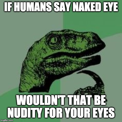 Time raptor  | IF HUMANS SAY NAKED EYE; WOULDN'T THAT BE NUDITY FOR YOUR EYES | image tagged in time raptor | made w/ Imgflip meme maker