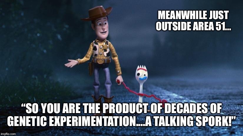 Forky | MEANWHILE JUST OUTSIDE AREA 51... “SO YOU ARE THE PRODUCT OF DECADES OF GENETIC EXPERIMENTATION....A TALKING SPORK!” | image tagged in forky | made w/ Imgflip meme maker