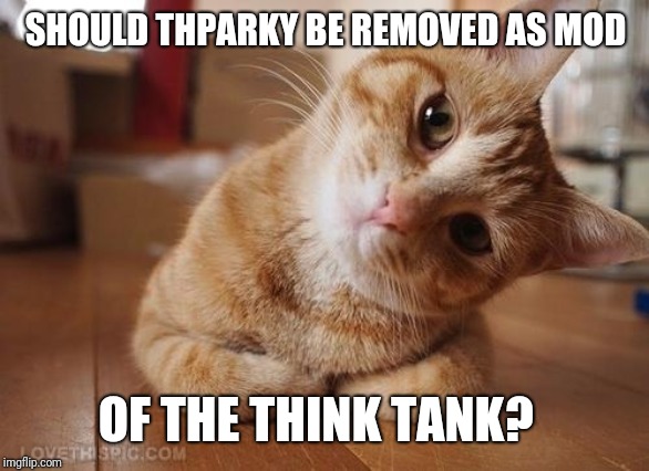 Just posting "A thought provoking question that our community members can form opinions of and generate dialogue over."  ;) | SHOULD THPARKY BE REMOVED AS MOD; OF THE THINK TANK? | image tagged in curious question cat,thparky,gotcha | made w/ Imgflip meme maker