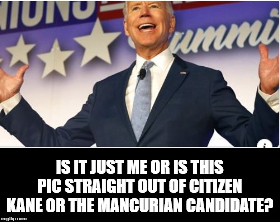 Familiar Themes | IS IT JUST ME OR IS THIS PIC STRAIGHT OUT OF CITIZEN KANE OR THE MANCURIAN CANDIDATE? | image tagged in political meme,joe biden | made w/ Imgflip meme maker