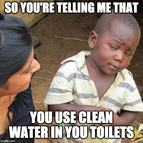 Third World Skeptical Kid | SO YOU'RE TELLING ME THAT; YOU USE CLEAN WATER IN YOU TOILETS | image tagged in memes,third world skeptical kid | made w/ Imgflip meme maker