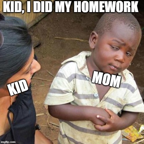 Third World Skeptical Kid Meme | KID, I DID MY HOMEWORK; MOM; KID | image tagged in memes,third world skeptical kid | made w/ Imgflip meme maker