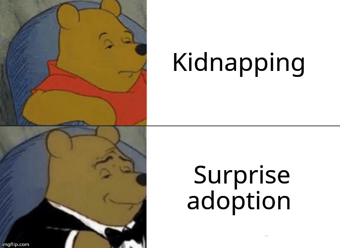 Tuxedo Winnie The Pooh | Kidnapping; Surprise adoption | image tagged in memes,tuxedo winnie the pooh | made w/ Imgflip meme maker