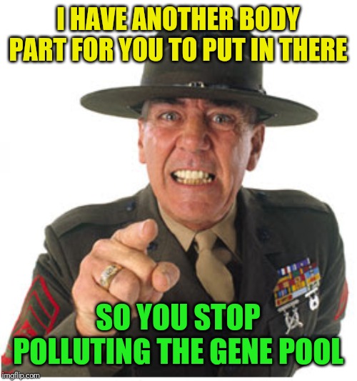 Marine Drill Sargeant | I HAVE ANOTHER BODY PART FOR YOU TO PUT IN THERE SO YOU STOP POLLUTING THE GENE POOL | image tagged in marine drill sargeant | made w/ Imgflip meme maker