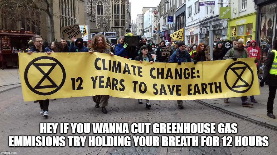 Morons | HEY IF YOU WANNA CUT GREENHOUSE GAS EMMISIONS TRY HOLDING YOUR BREATH FOR 12 HOURS | image tagged in morons | made w/ Imgflip meme maker