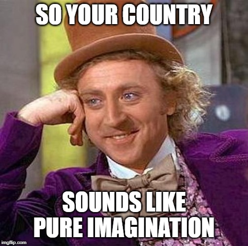 Creepy Condescending Wonka Meme | SO YOUR COUNTRY; SOUNDS LIKE PURE IMAGINATION | image tagged in memes,creepy condescending wonka | made w/ Imgflip meme maker