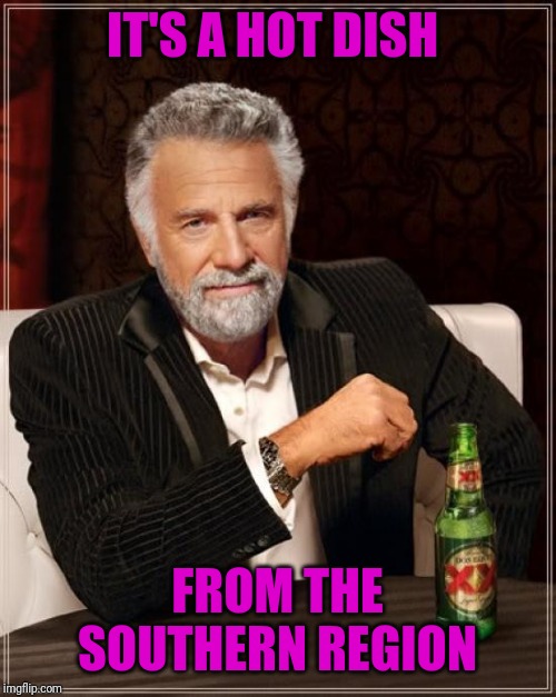 The Most Interesting Man In The World Meme | IT'S A HOT DISH FROM THE SOUTHERN REGION | image tagged in memes,the most interesting man in the world | made w/ Imgflip meme maker