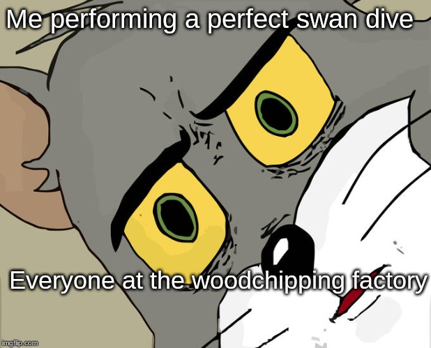Unsettled Tom Meme | Me performing a perfect swan dive; Everyone at the woodchipping factory | image tagged in memes,unsettled tom | made w/ Imgflip meme maker