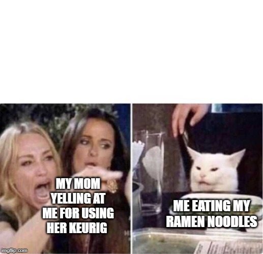 Real housewives screaming cat | ME EATING MY RAMEN NOODLES; MY MOM YELLING AT ME FOR USING HER KEURIG | image tagged in real housewives screaming cat | made w/ Imgflip meme maker