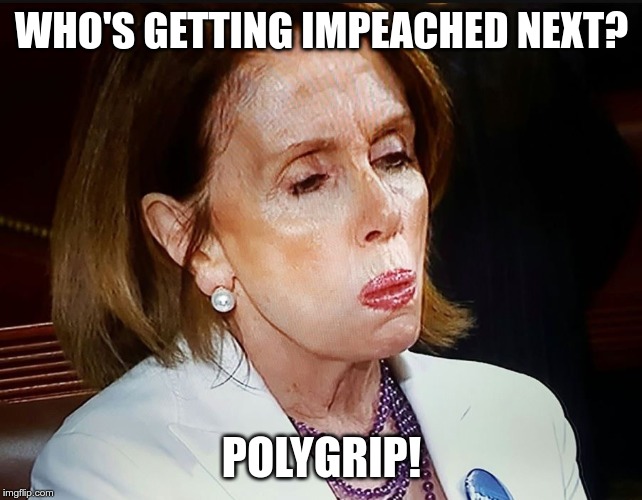 Nancy Pelosi PB Sandwich | WHO'S GETTING IMPEACHED NEXT? POLYGRIP! | image tagged in nancy pelosi pb sandwich | made w/ Imgflip meme maker