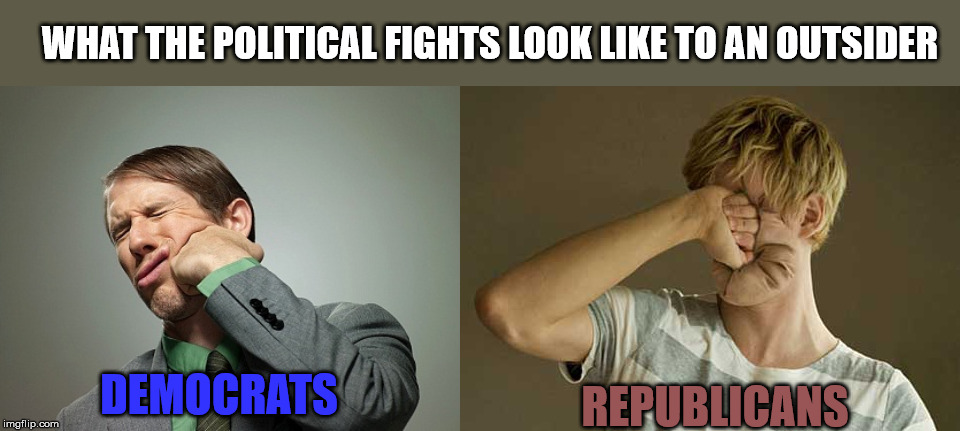 stop hitting yourself | WHAT THE POLITICAL FIGHTS LOOK LIKE TO AN OUTSIDER; REPUBLICANS; DEMOCRATS | image tagged in liberal vs conservative,face punch,democrats,republicans,independent | made w/ Imgflip meme maker