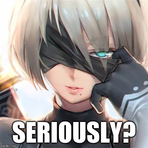 2B None O' U Sh*t | SERIOUSLY? | image tagged in neir automata,2b,video game,video game humor,blindfolds | made w/ Imgflip meme maker